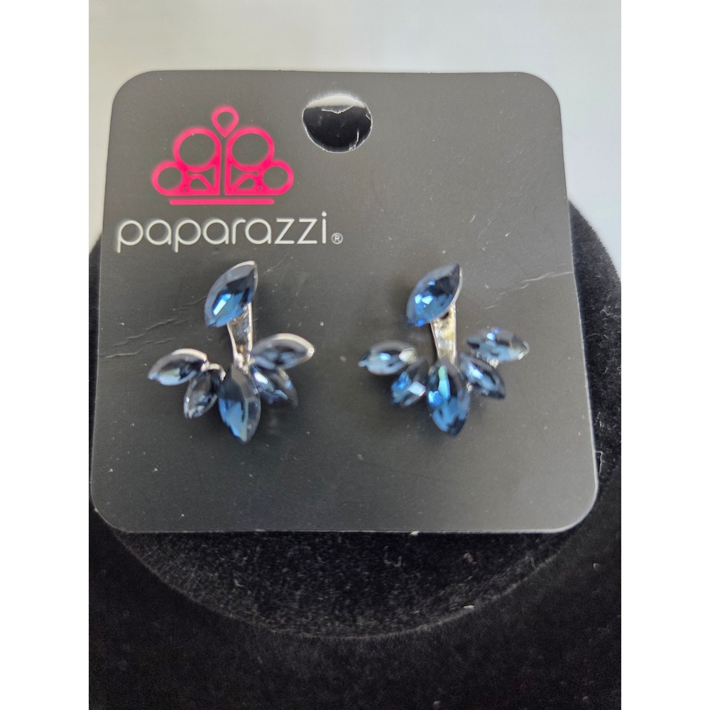 Paparazzi Blue Rhinestone Ear Jacket Earrings Silver Tone Marquise Cluster